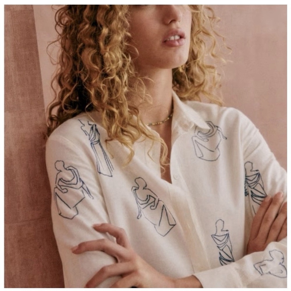 SÉZANE x Roberto Ruspoli Tom Shirt Print Size 32   XXS Long Sleeve Linen White - Picture 2 of 9